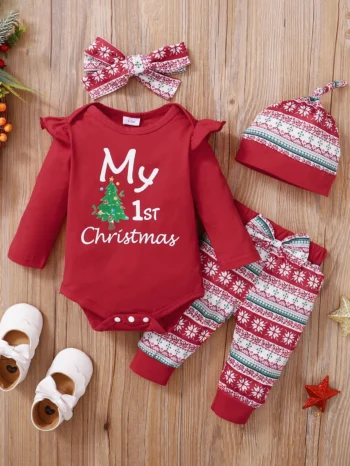 Summer 0-1 Years Old Infant Baby Girls Christmas Long Sleeved Casual 4-Piece Set