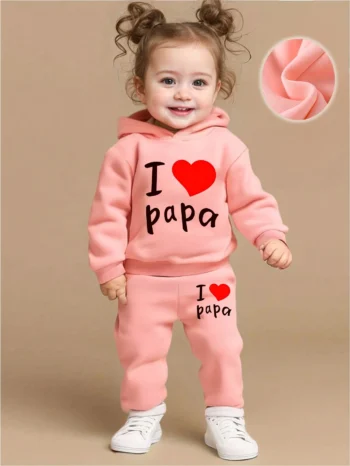 Newborn baby girl's English printed fleece hoodie and sporty casual pants are suitable for outdoor use